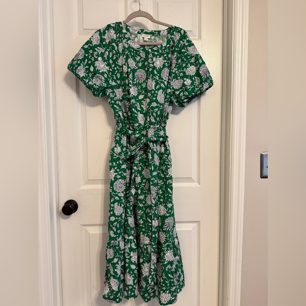 J. Crew Green Smocked Midi Sundress with Puff Sleeves